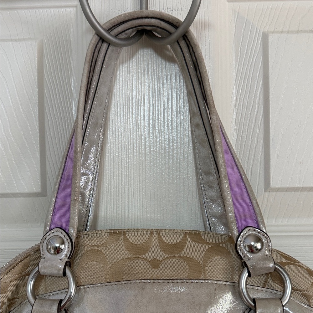 Coach Beige Signature Canvas Shoulder Bag with Purple & Orange Floral Appliqués - Picture 11 of 16